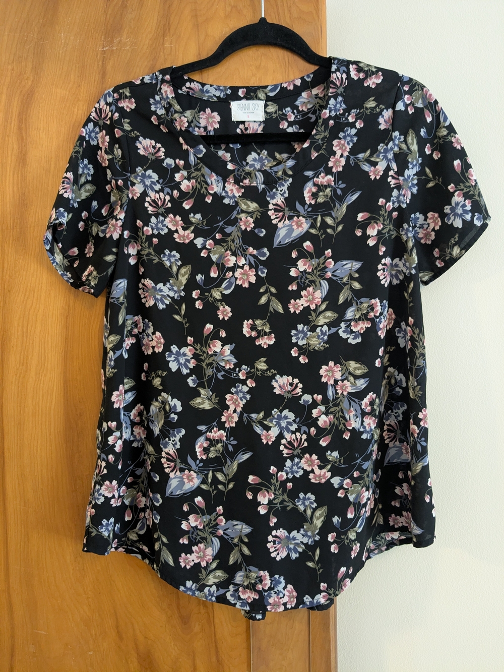 Sienna Sky Black Floral Top with Pink & Blue Blooms